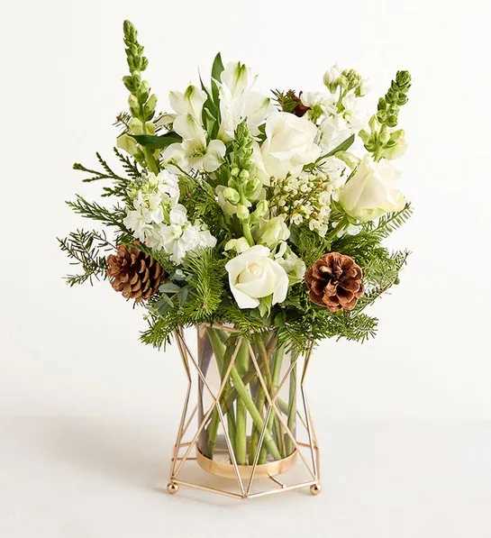 The Warm and White Winter  - As fresh and vivid as a field blanketed with newly fallen snow, our crisp white bouquet features roses, snapdragons, Peruvian lilies, and more accented with Christmas greenery and pinecones. It arrives in a gleaming metal-and-glass vase that adds to the sparkle of the holidays.