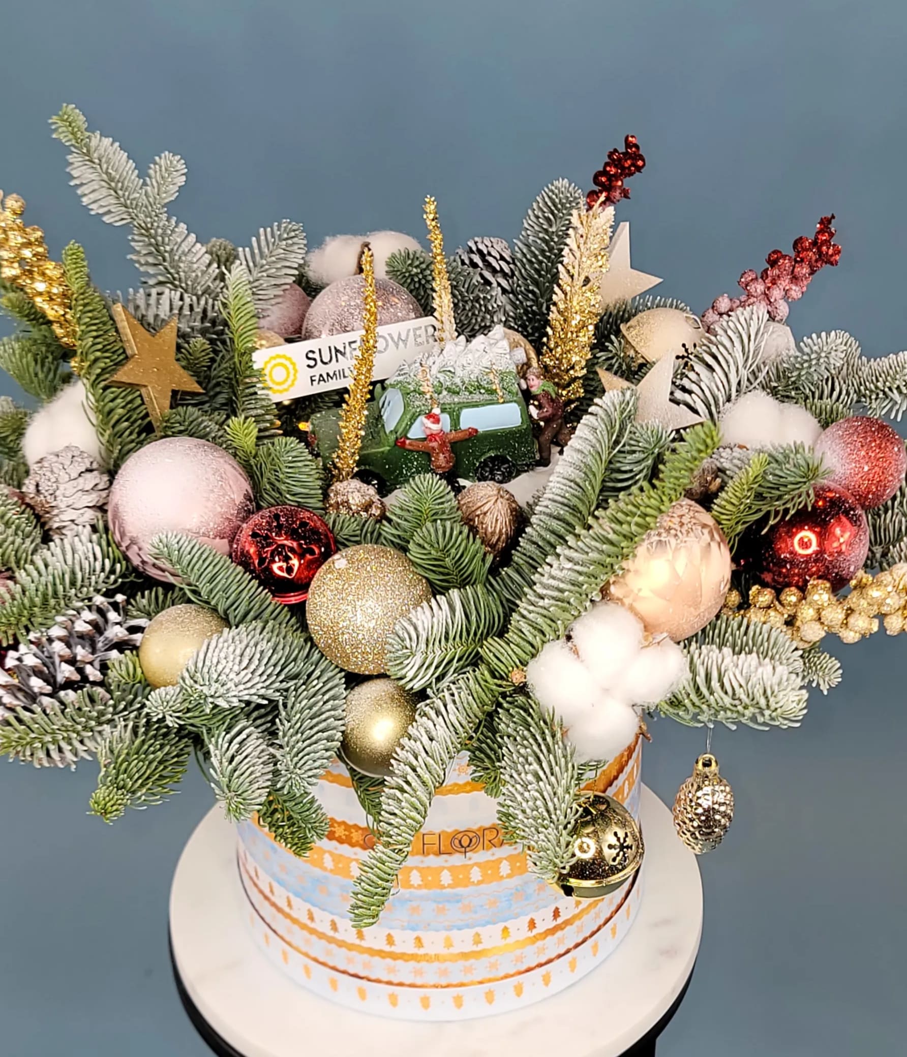 Christmas Box - Box of fresh pine with candles, Christmas figurine and Holyday decor.