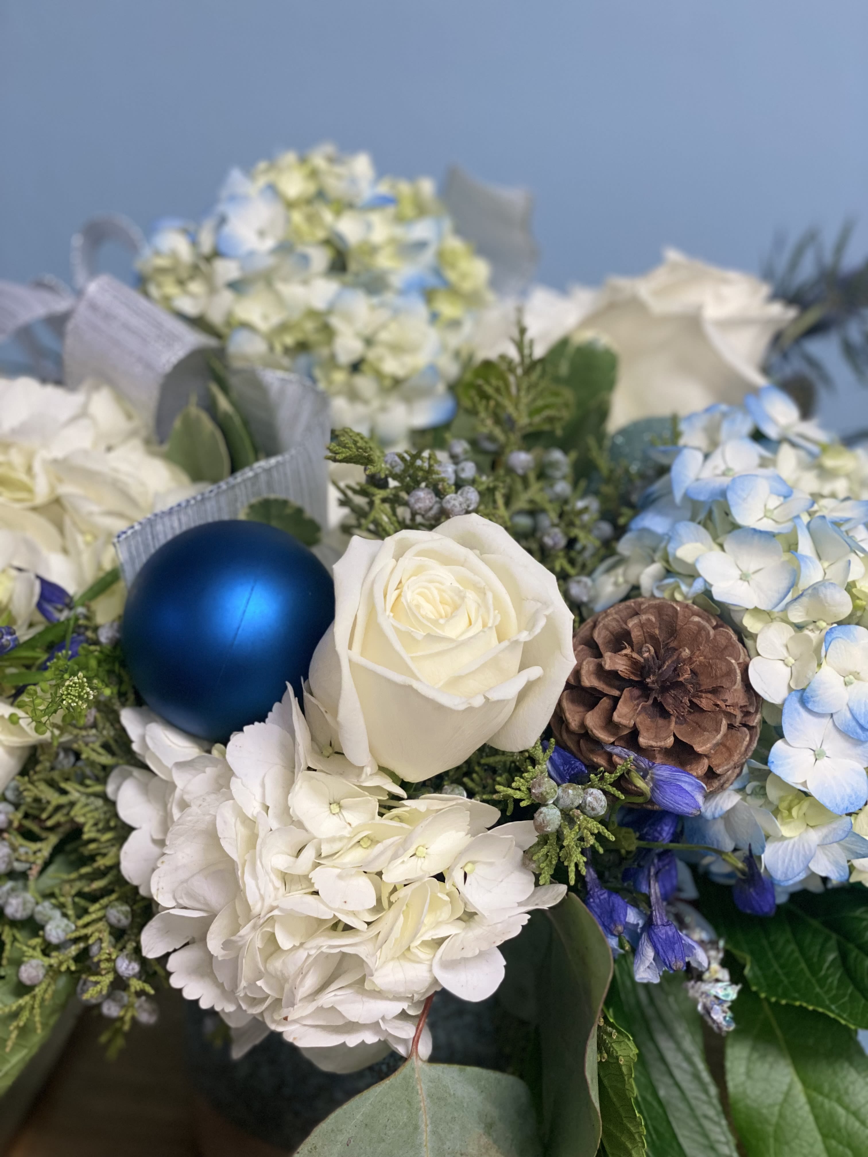 Blue Christmas - “I’ll have a blue Christmas without you”… Beautiful blue and white hydrangeas with some Christmas!
