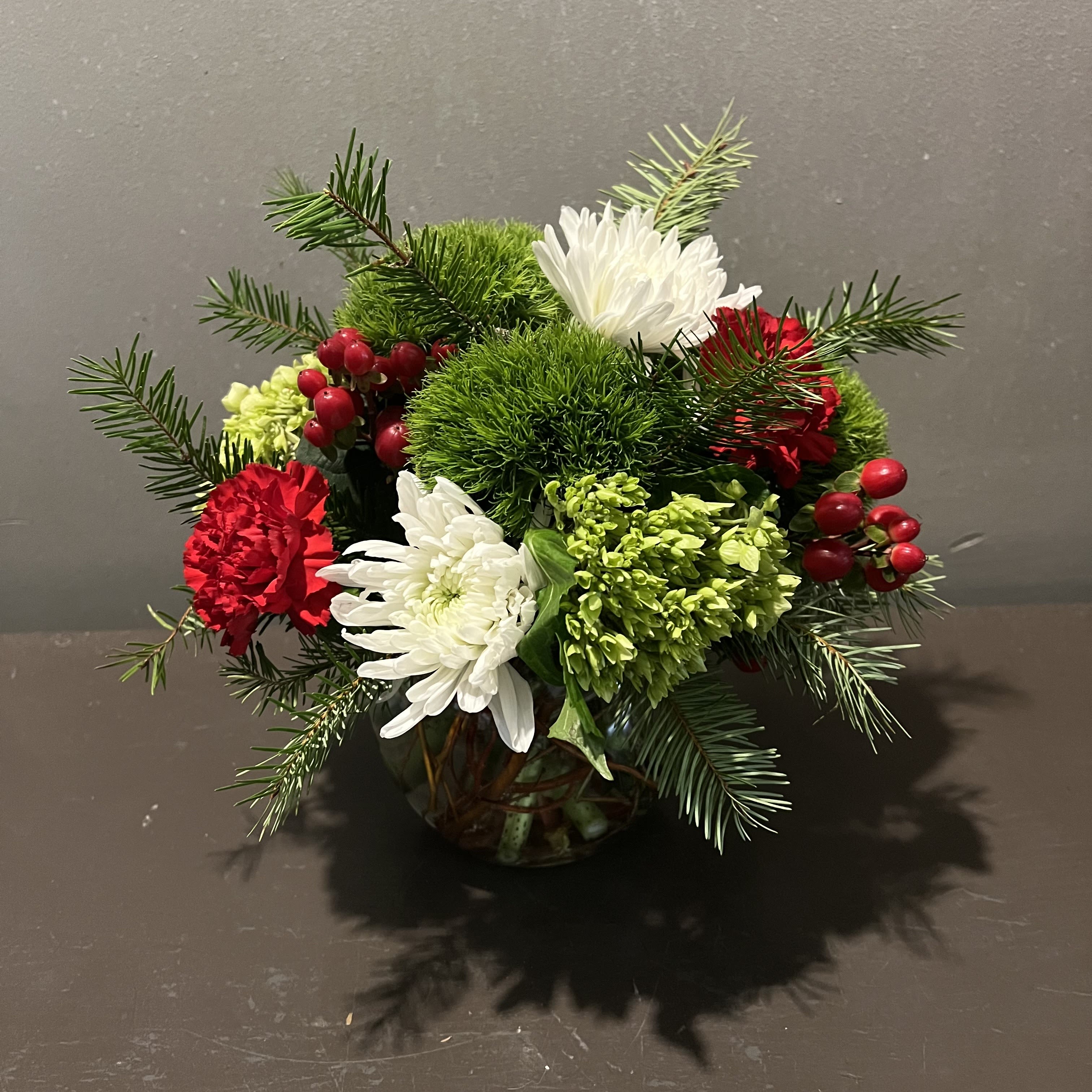 Winter Wishes - A festive winter addition to your dining table!  Measures 12&quot;Tx11&quot;W and arrives in a glass vase.