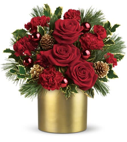 Teleflora's Holiday Elegance - Add a little Couture to Christmas this year! Your family and friends will think you're golden when you send them this stylish holiday arrangement. Stunning red roses and carnations holly pinecones and shiny red ornament balls are perfectly arranged in a satiny gold cylinder vase . It's a 24-karat gift!Approximately 13 1/2&quot; W x 14 1/2&quot; H Orientation: One-Sided As Shown : T115-1ADeluxe : T115-1BPremium : T115-1C