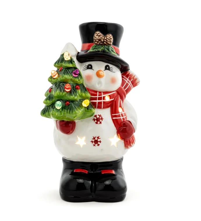 LED Christmas Tree Snowman  - LED Ceramic Christmas Tree Snowman comes with 3 AA batteries. Perfect gift to add to a christmas floral arrangement or sent as a gift. 