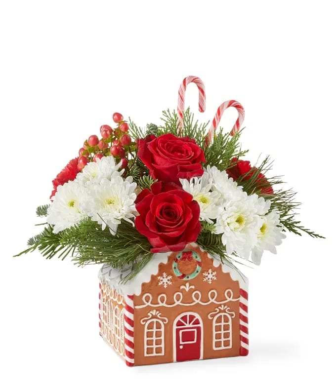 Holiday Gingerbread Delight - Celebrate the season with a gift as sweet as it is festive. This charming arrangement features vibrant red roses, cheerful red carnations, and soft white poms nestled among lush seasonal greenery. Accented with bright red hypericum berries and topped with candy canes, it's a whimsical touch to any holiday decor. The arrangement is displayed in an adorable gingerbread house container, complete with icing details and candy accents, making it a delightful centerpiece or gift that captures the spirit of the holidays.  Includes: • Red Roses • Red Carnations • White Cushion Poms • Red Hypericum Berries • Seasonal Floral Greenery • Candy Canes • Keepsake Gingerbread House Container