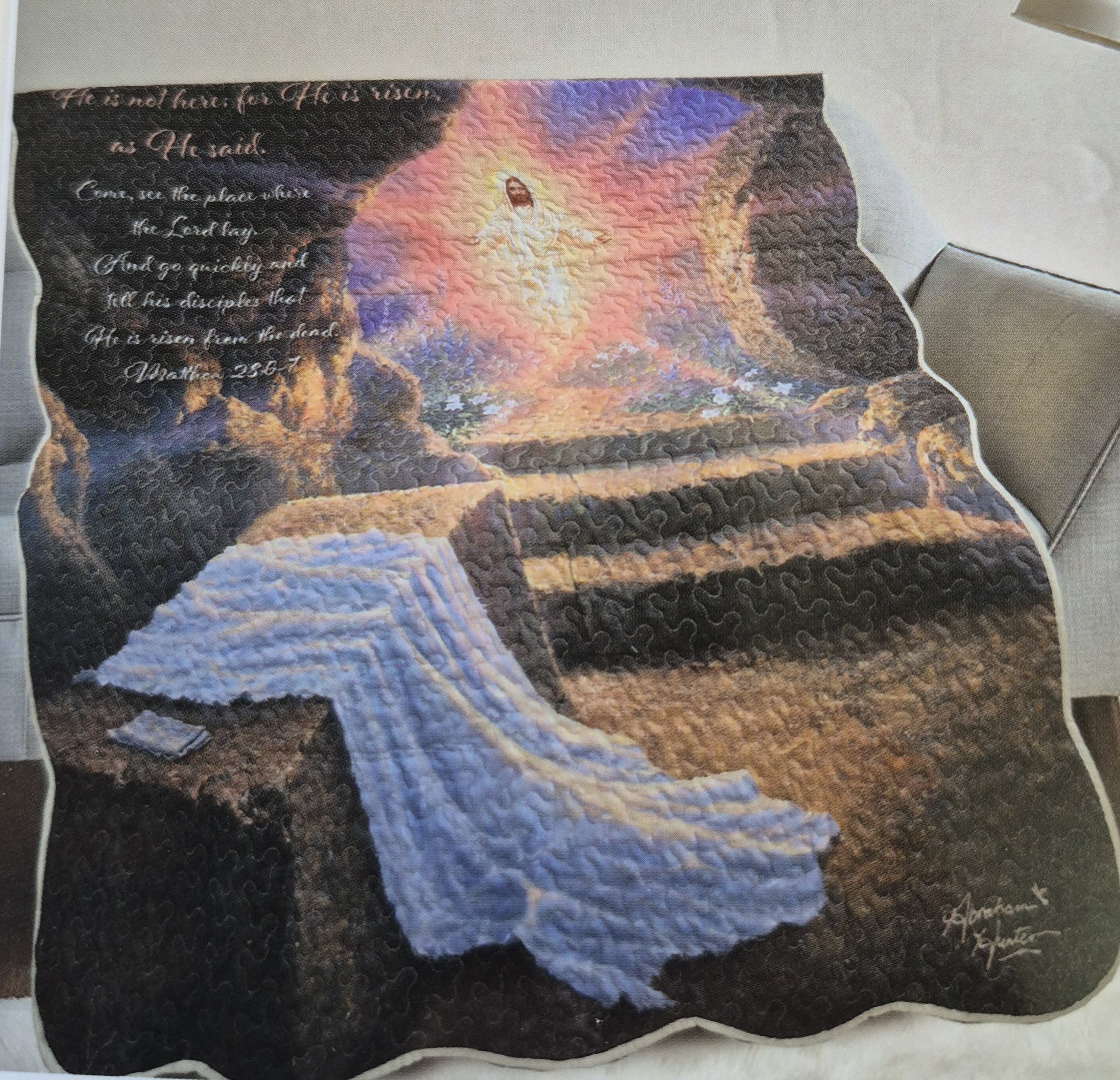 He Is Risen Quilted Throw  - Beautiful uplifting spiritual quote of He Is Risen Matthew 28:6-7 is gloriously presented on a 50&quot; x 60&quot; quilted throw. What a wonderful scripture on this throw. Perfect for memorial services or as a heartfelt gift for a  loved one, this blanket provides both warmth and reassurance.  Machine Washable, Lightweight &amp; Durable Measures 50 x 60 Inches Easel is 15.00 extra Choose Deluxe to add easel to order for presentation.