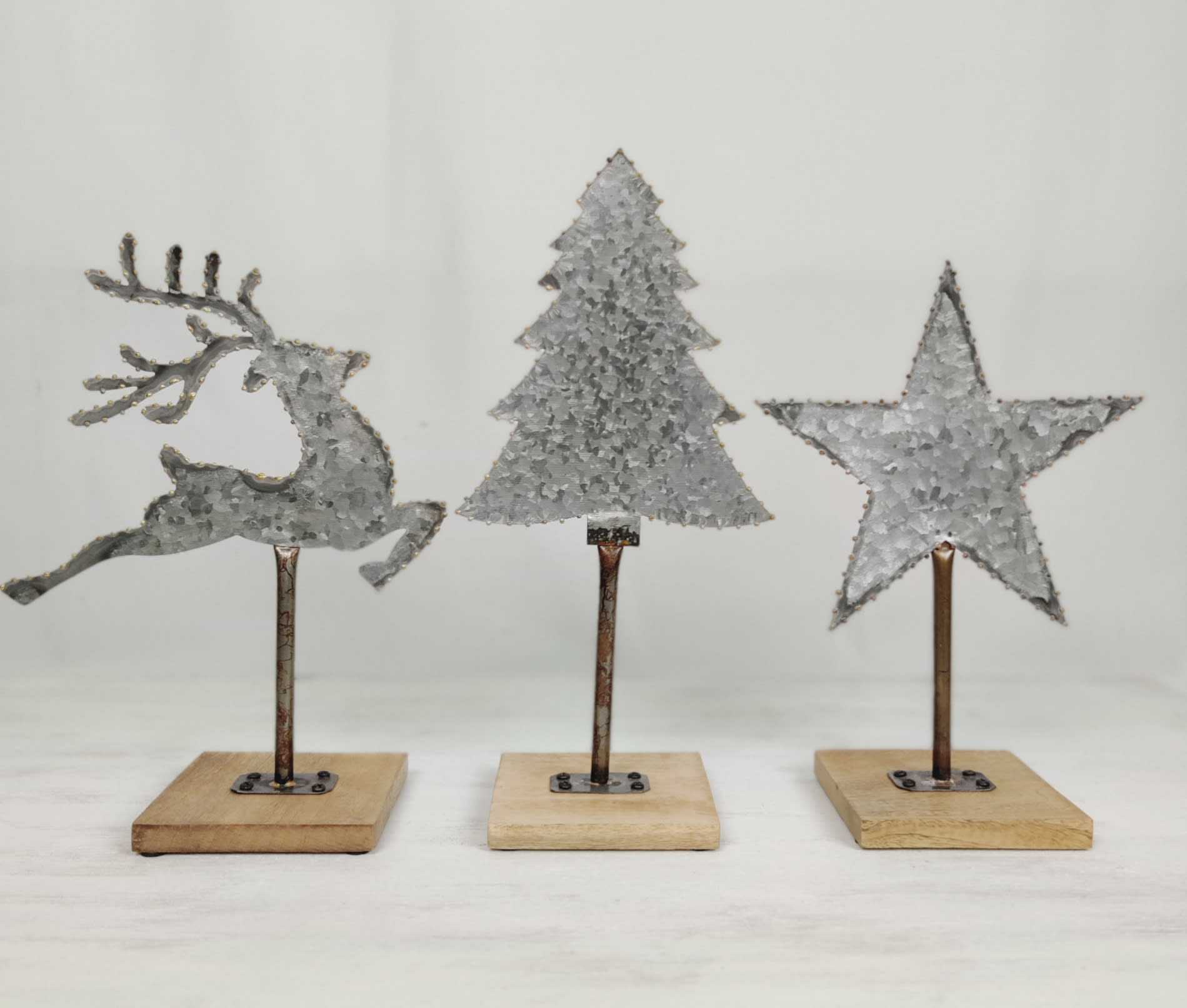 Galvanized Holiday Trio Stands - Set of 3 assorted. Galvanized metal and wood stand. 12&quot; to 14&quot; tall
