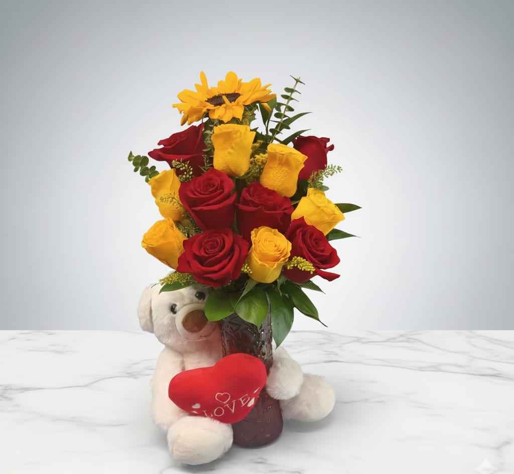 Petal Paws - Petal paws bouquet is designed for pure happiness. It features beautiful colorful flowers and includes an adorable cuddly teddy bear. It’s the perfect, simple gift to show someone you care.