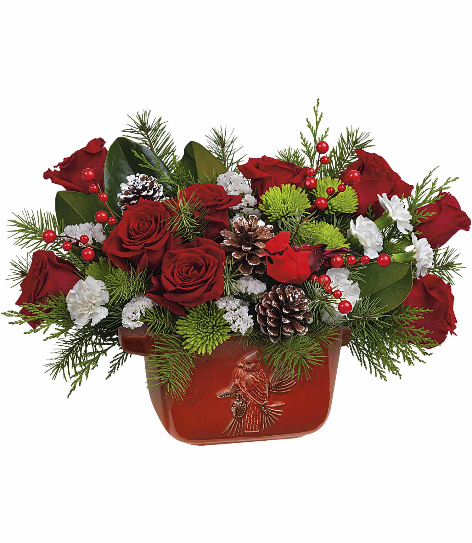 Classic Cardinal Centerpiece - Christmas takes flight with this festive red rose bouquet in a classic stoneware serving bowl centerpiece that's hand-painted, food-safe and absolutely beautiful with its vintage cardinal motif. 