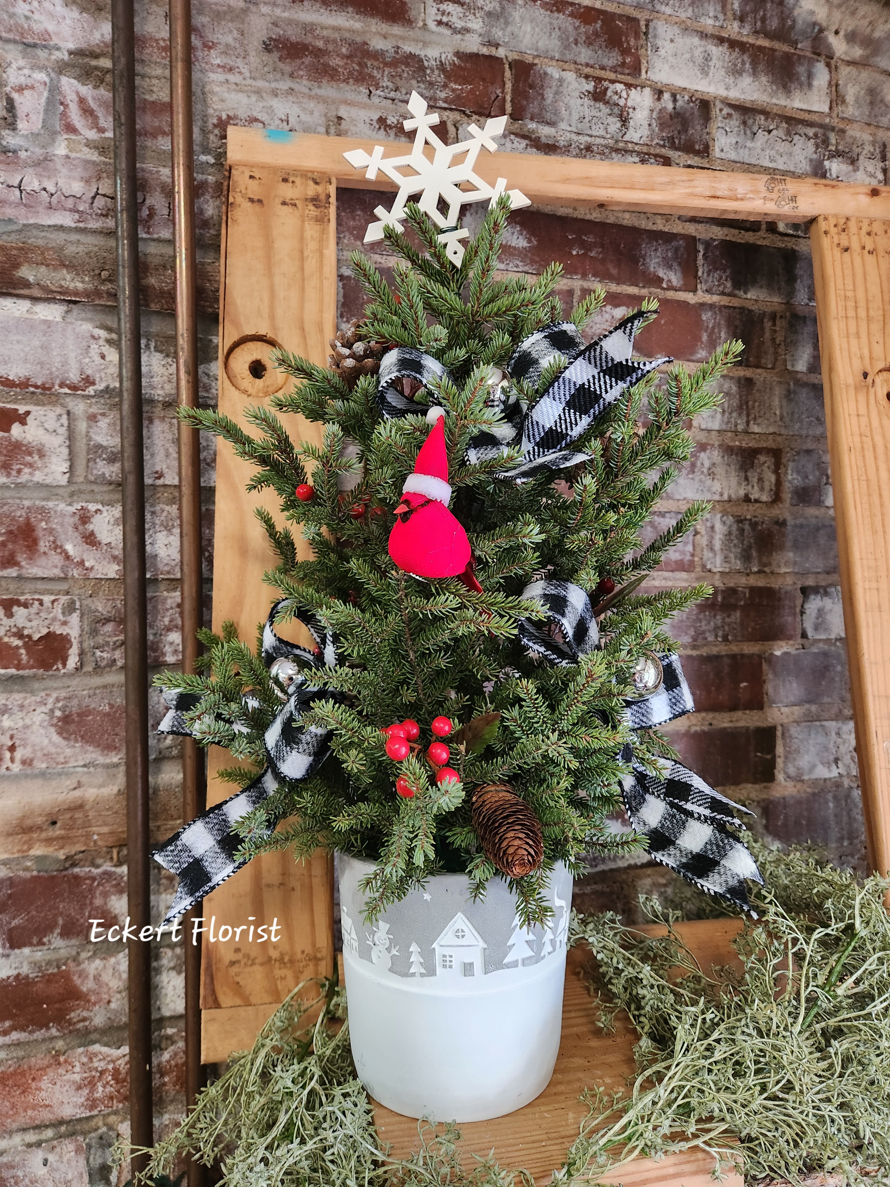 Eckert Florist's O Christmas Tree Bouquet *Our Local Delivery Only  - This fresh cut spruce top tree is placed in a winter themed container and decorated with designer ribbon, berries, and pine cones. Our signature bird accompanies a snowflake topper. Total height approx. 23" tall  *Our Local Delivery Only