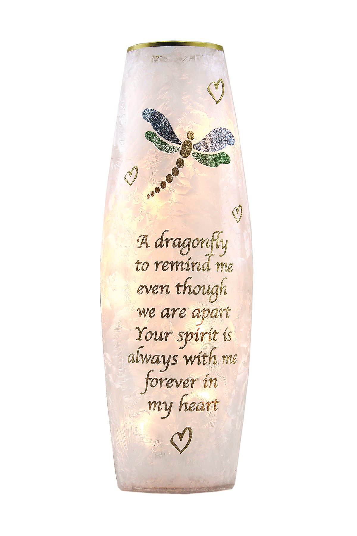 Dragonfly Crackle Glass Memory Lamp - This crackle glass memory lamp is 4.0" W x 4.0" Diameter and  11.75" in Height. It has a blue green dragonfly on it and the saying "A dragonfly to remind me even though we are apart Your spirit is always with me forever in my heart." Electric led lights inside. Comes with special card that reads " This lamp has been specially selected by... to honor the memory of.... Each time you light this lamp, may you recall the many wonderful occasions that you have shared together and their light continues to shine and touch your life. With Deepest Sympathy. Deluxe and Premium includes a wreath of fresh flowers.    