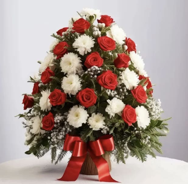 Blooming Christmas Tree - Festive and beautifully crafted, our Blooming Christmas Tree arrangement features lush red roses, fresh seasonal greenery, and delicate white flowers artfully designed in the shape of a Christmas tree. Finished with a classic red bow, this cheerful piece captures the spirit of the season and adds a charming holiday touch to any space. Perfect for gifting, tabletops, or spreading Christmas joy with elegant floral flair.