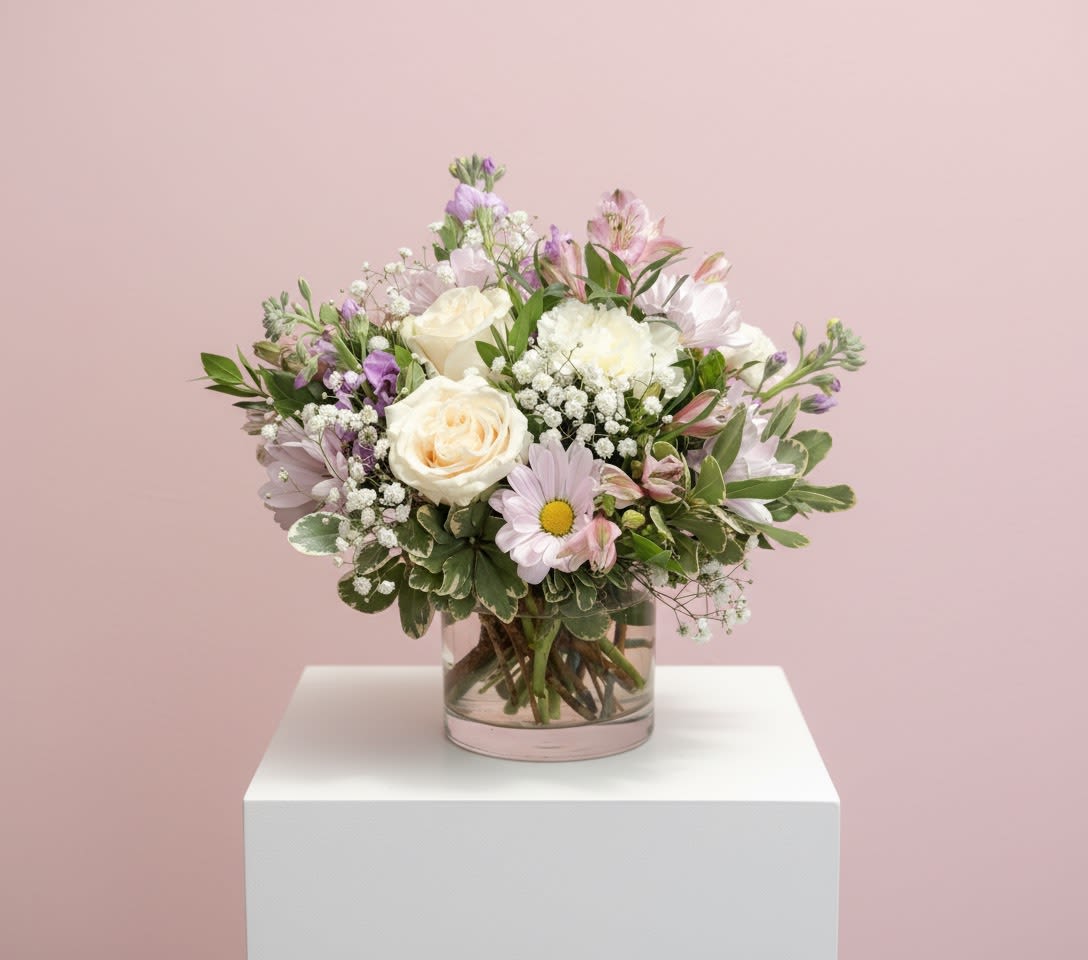 Soft &amp; Sweet Bouquet - A soft pastel mix of roses, daisies, and alstroemeria arranged in a clear vase.