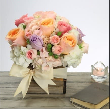 Lovely - Pastel Roses, seasonal flowers, and hydrangea in a wooden planter, tied with a satin bow. A perfect gift! 