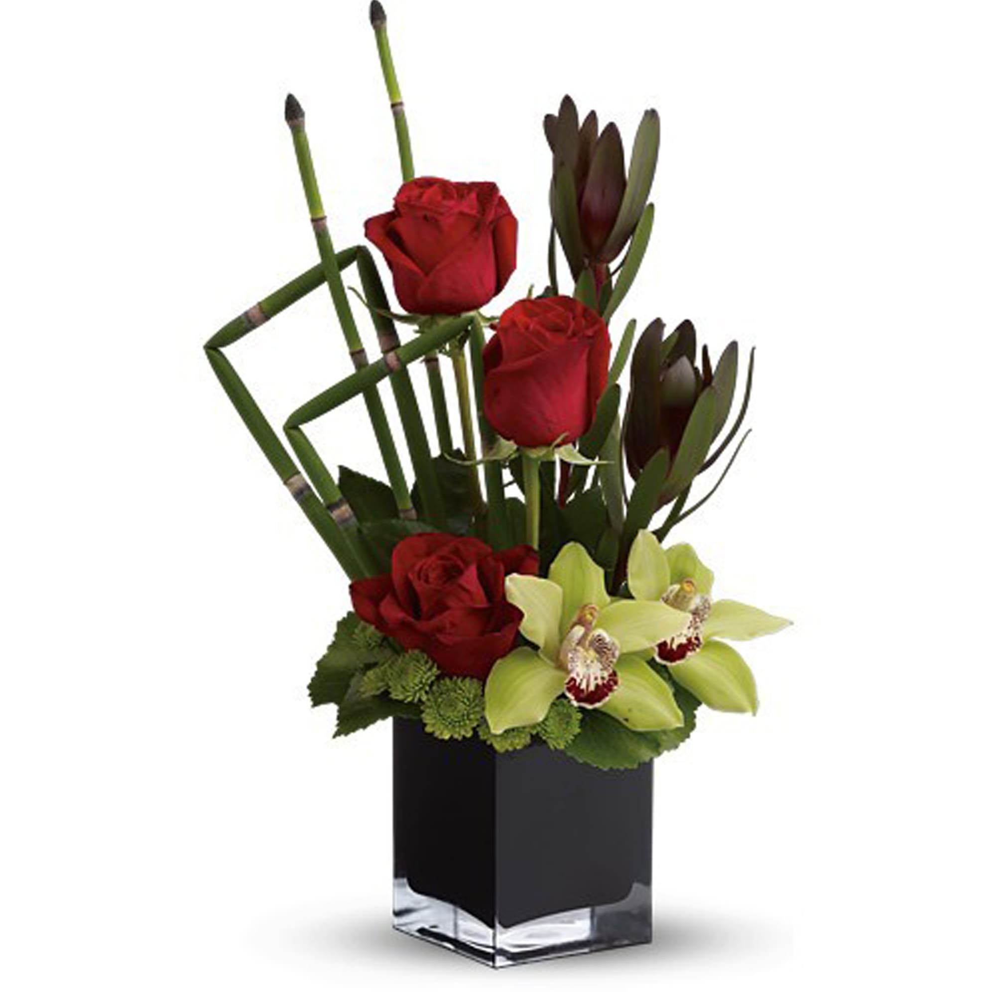 Rose Oasis - This gloriously modern bouquet of roses and orchids against a backdrop of geometric greenery creates a real surprise for the eyes. Send it to an adventurous friend or even a loved one with a contemporary flair.  The imaginative bouquet includes red roses, leucadendron, green cymbidium orchids and green button spray chrysanthemums accented with fresh greenery.  delivered in a glass cube vase.   Orientation: One-Sided  