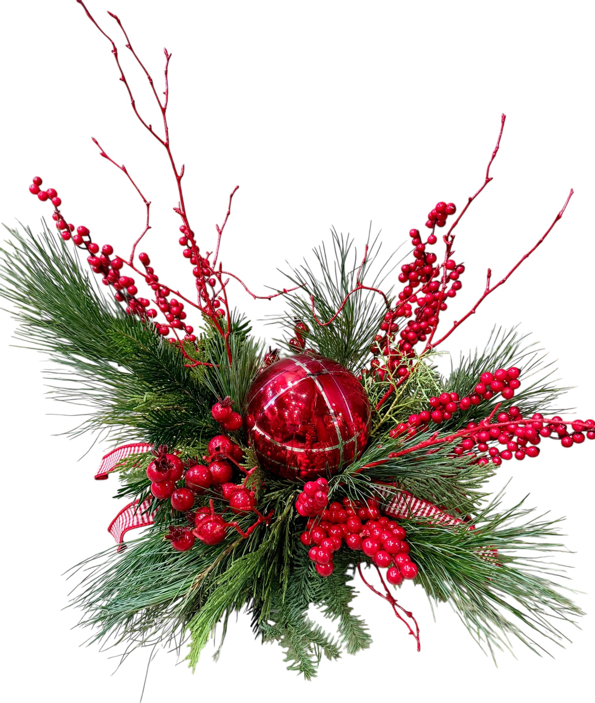 Merry Berry &amp; Pine! - Variety of fresh winter greens, ornament keepsake, permanent berries, branches and ribbon accent designed in a festive holiday container.