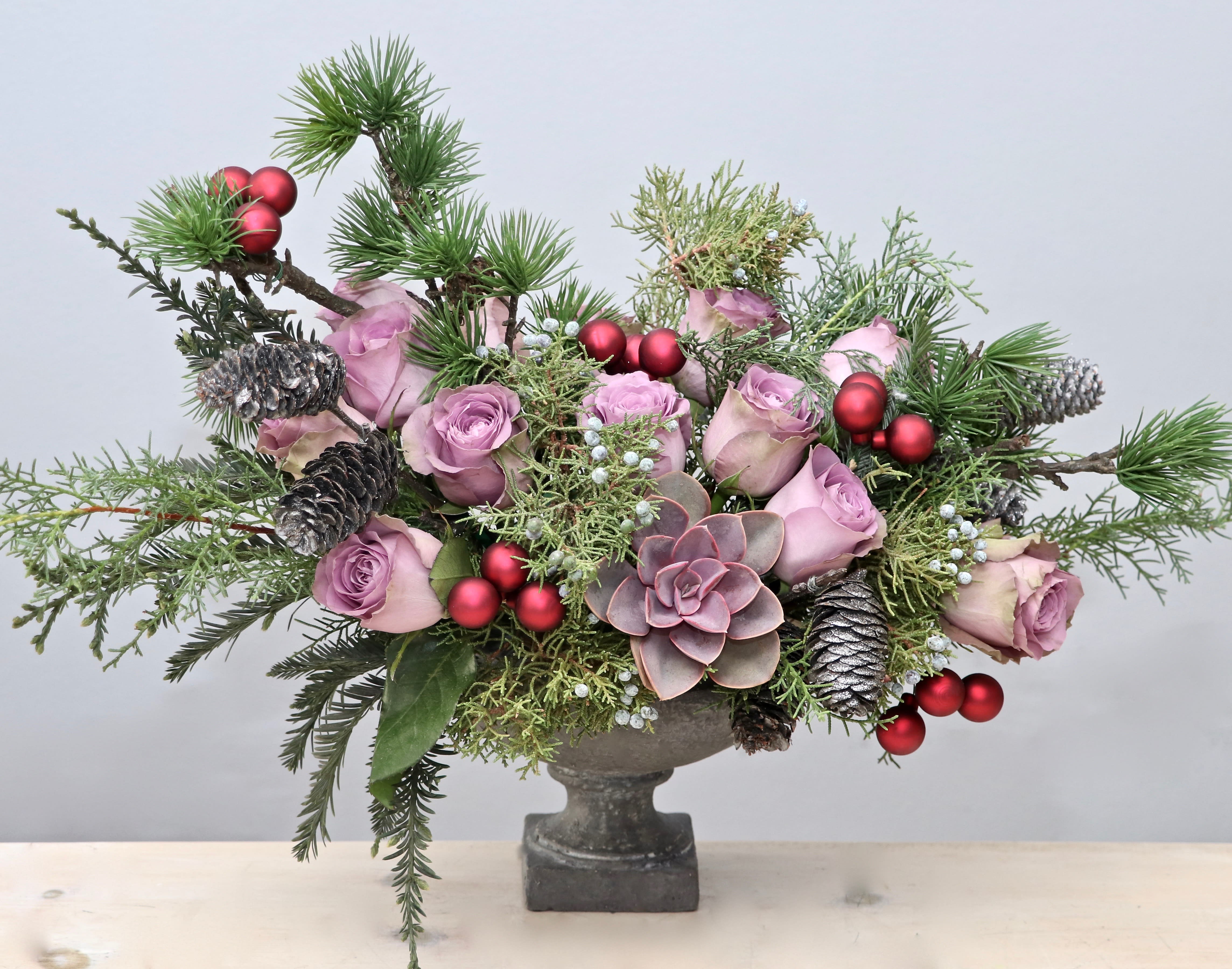 Royal Rose - West Hollywood Flowers  - Send some cheer this holiday season with this beautiful lavender rose and succulent arrangement. Dressed up with holiday accessories and greenery, this arrangement stands at approximately 10-12 inches tall in the standard size.