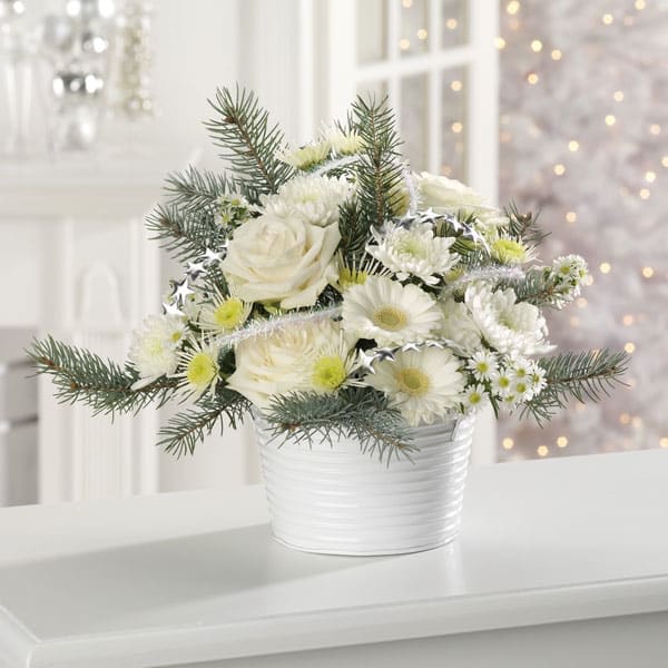 White Christmas Tin - All White Flowers In Tin Container. Also available in Red or Birch