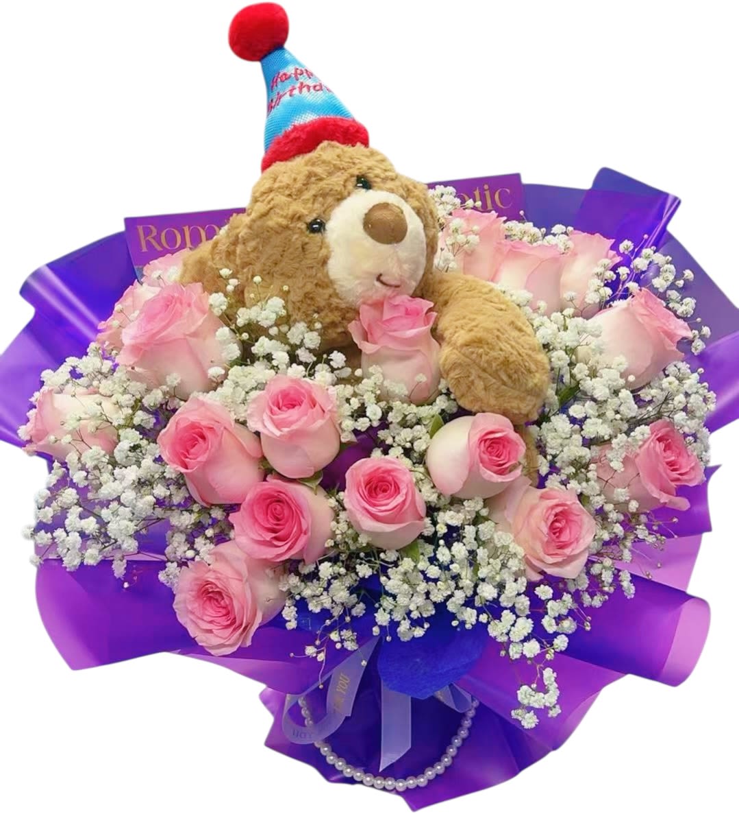 Birthday Teddy Pink Rose Bouquet - Celebrate birthdays with the sweetest surprise — a plush birthday teddy nestled in a lush bouquet of premium pink roses and delicate baby’s breath. This joyful arrangement brings warmth, love, and smiles, making it the perfect gift for girlfriends, daughters, friends, or anyone who deserves a lovely birthday moment.