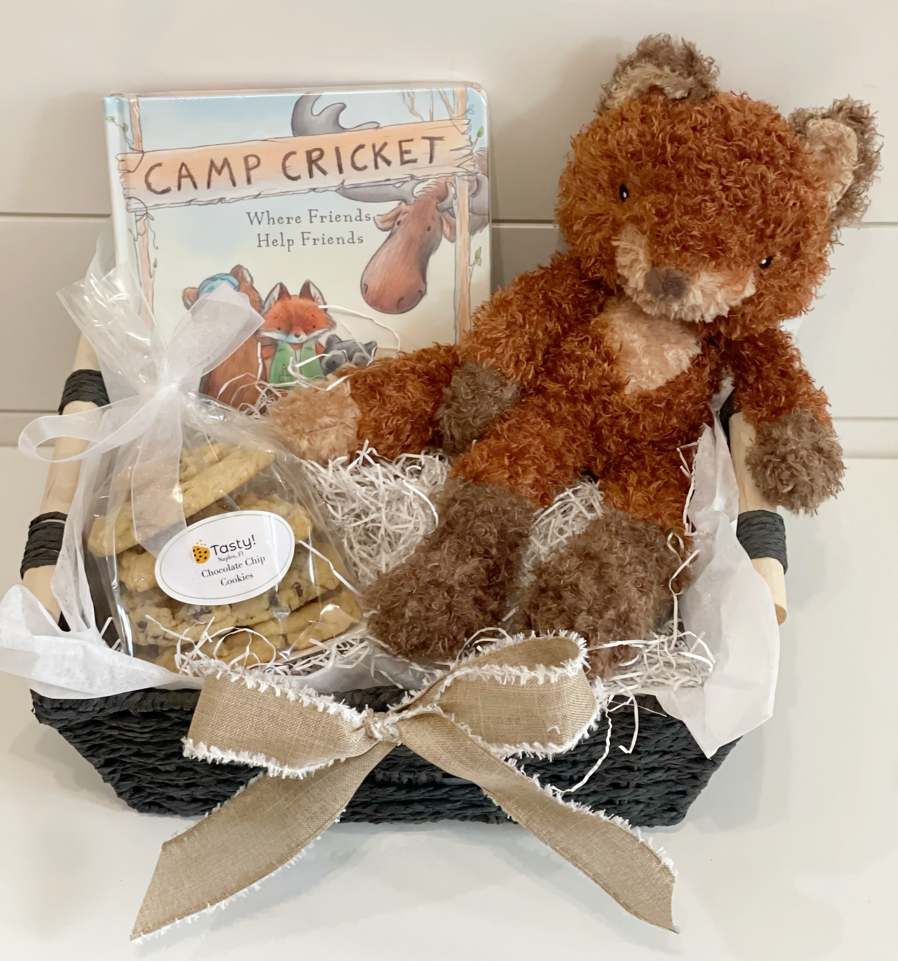 Fox and Friends - -Adorable board book about Fox and his friends by Bunnies by the Bay -14” stuffed Fox by Bunnies by the Bay - 4 large fresh chocolate chip cookies 