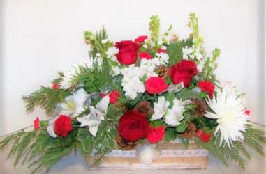 Holiday Box of Blooms - Assorted flowers and roses mixed with fragrant holiday greenery in a modern style wood box.
