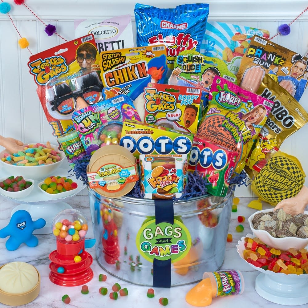 Giggles and Gags  - Surprise the kids with a festive gift that's perfect for spreading holiday cheer and joy! Filled with delightful stocking stuffer surprises like disguise glasses, squishy and stretchy toys, colorful candies, and more, this gift promises hours of festive fun for prank-loving kids. It's the ultimate holiday surprise that makes their day extra special and full of holiday giggles. Whether for a Christmas celebration or a winter gathering, this cheerful gift is sure to bring a big smile and lots of holiday cheer!