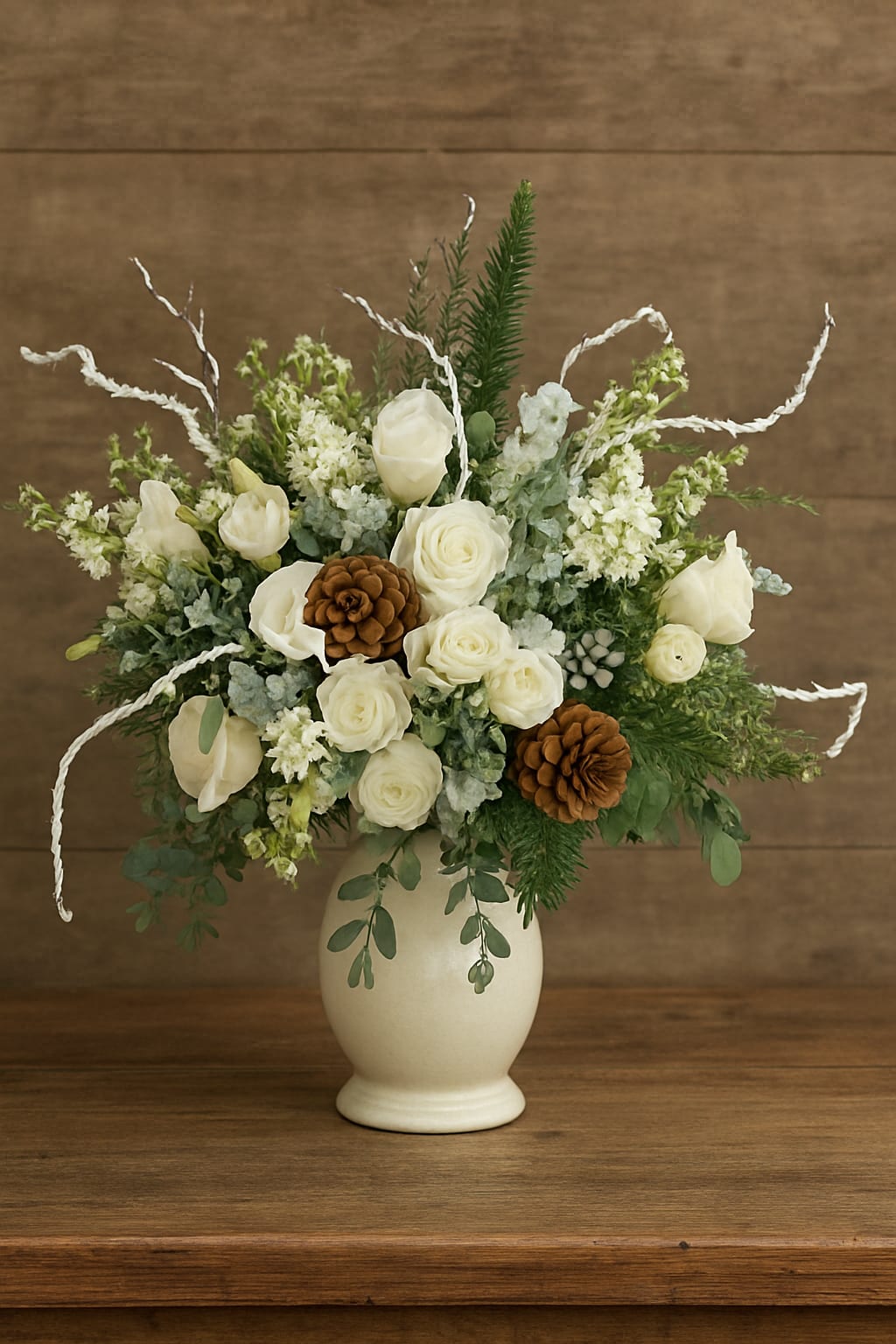Winter Wonderland - Bring the beauty of the season indoors with this elegant Winter Wonderland arrangement. Lush white roses, calla lilies, white stock, and other seasonal blooms are paired with frosted branches, eucalyptus, and fresh evergreens for a soft, snowy aesthetic. Natural pinecones add warm rustic texture, creating a perfect balance between refined elegance and cozy winter charm.  Presented in a clear glass vase, this arrangement captures the essence of the winter season—crisp and serene. The cool tones, soft textures, and natural elements evoke the quiet magic of freshly fallen snow, making it the perfect centerpiece for winter celebrations, seasonal décor, or anyone wishing to bring a touch of winter’s peaceful beauty indoors.