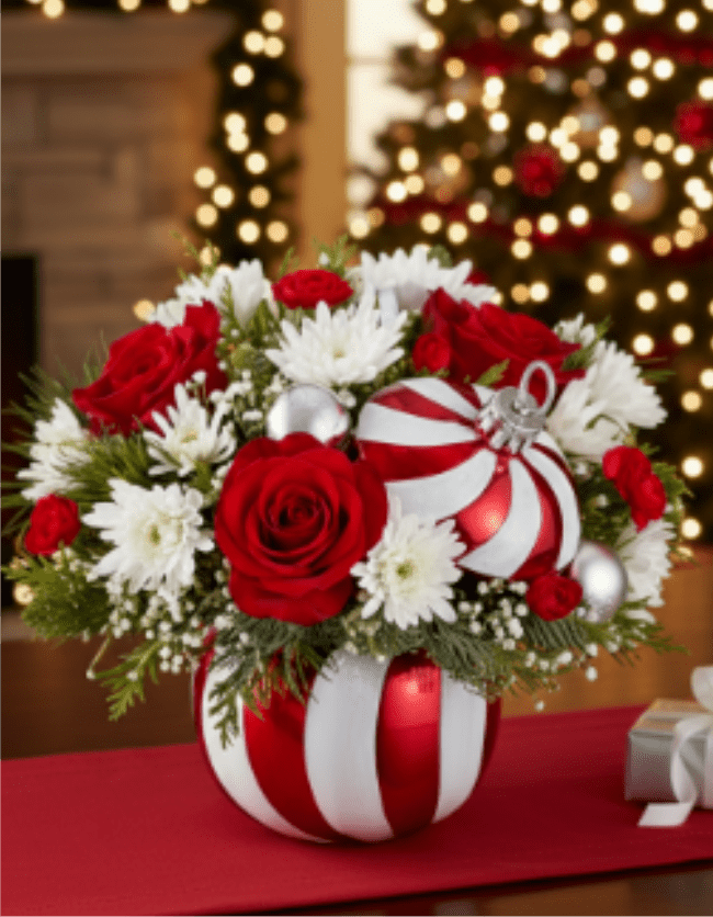 Candy Cane Mum Bauble - Capture the spirit of Christmas with the cheerful Candy Cane Mum Bauble! This festive, low centerpiece features vibrant, long-lasting flowers nestled inside a unique, striped ornament container. It’s an ideal gift or a bright addition to your own holiday table. Available for local flower delivery in Sacramento and surrounding areas. Search keywords: Christmas mums centerpiece, candy cane vase arrangement, red and white floral Sacramento, holiday cushion mums, festive table decorations, Arden Park gift delivery.