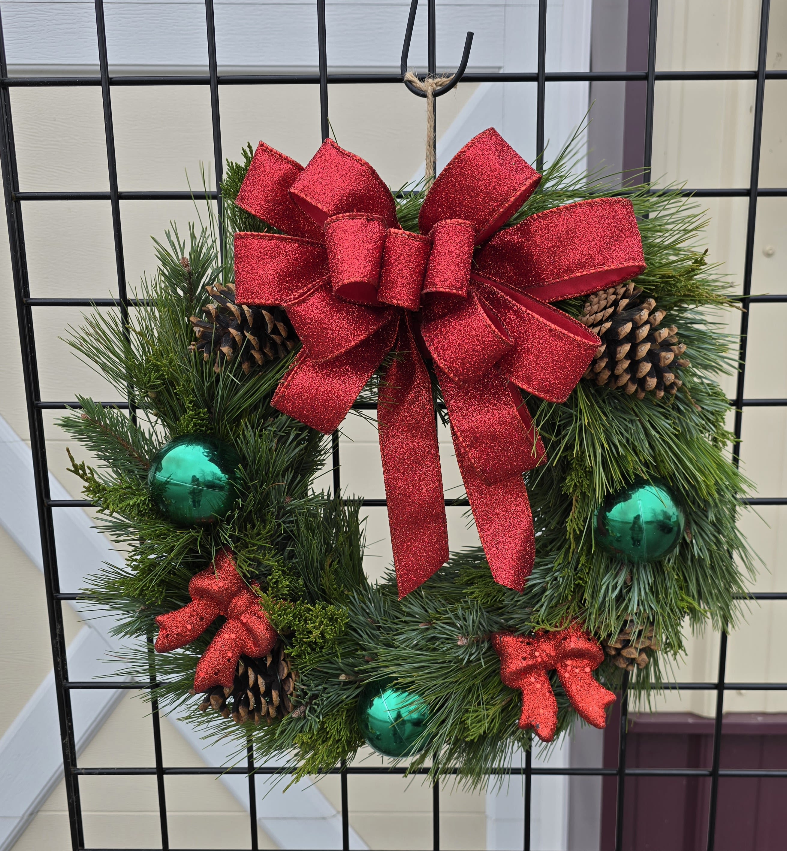 Fresh Pine Wreaths  - Handmade fresh pine wreaths made with 3 types of pine on a 14" ring. Variety of colors available 