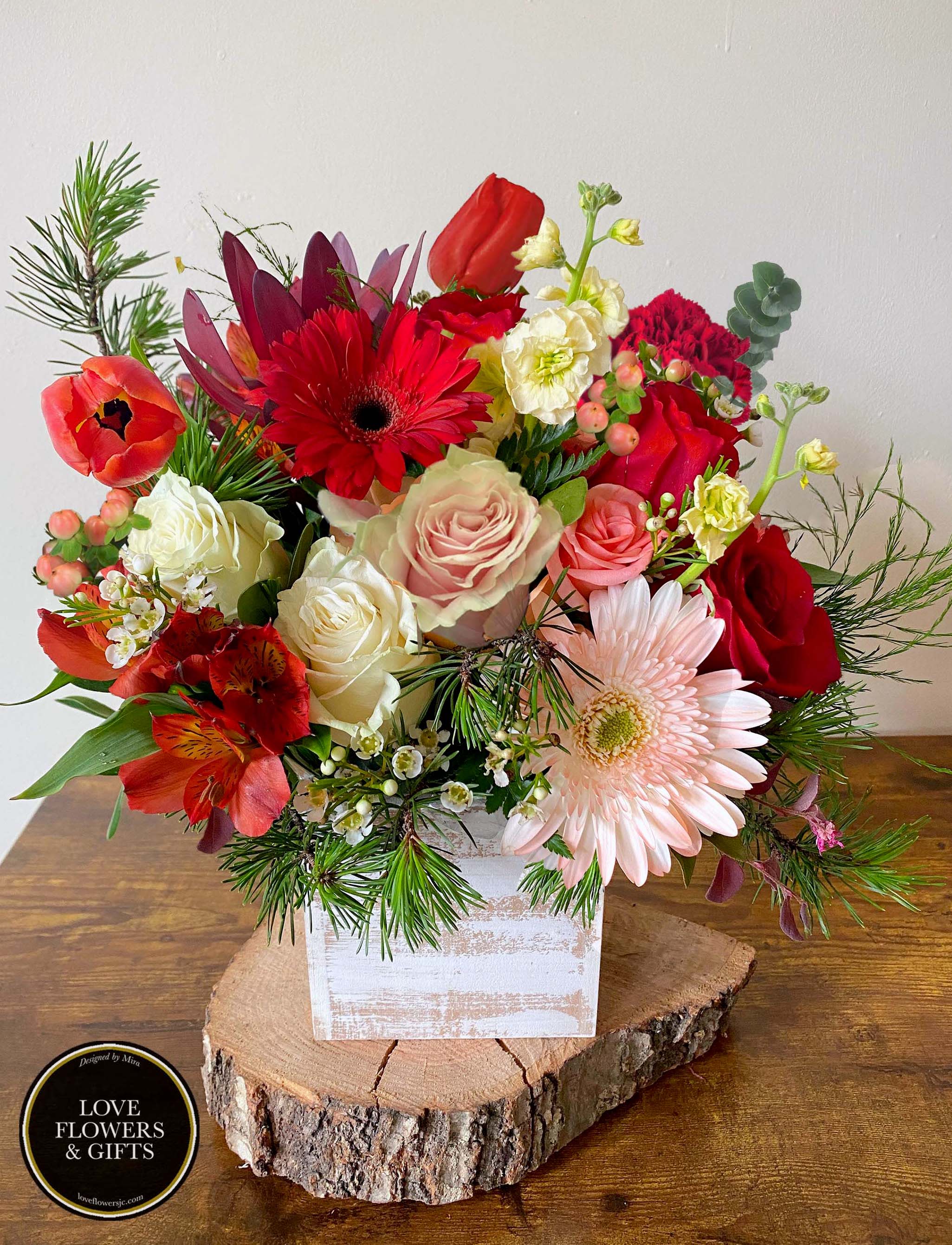 Lovely in Red  - A beautiful and lovely holiday modern made of reds, whites and hints of soft pinks in a natural wood box.   Great for all kinds of occasions and beautiful people!