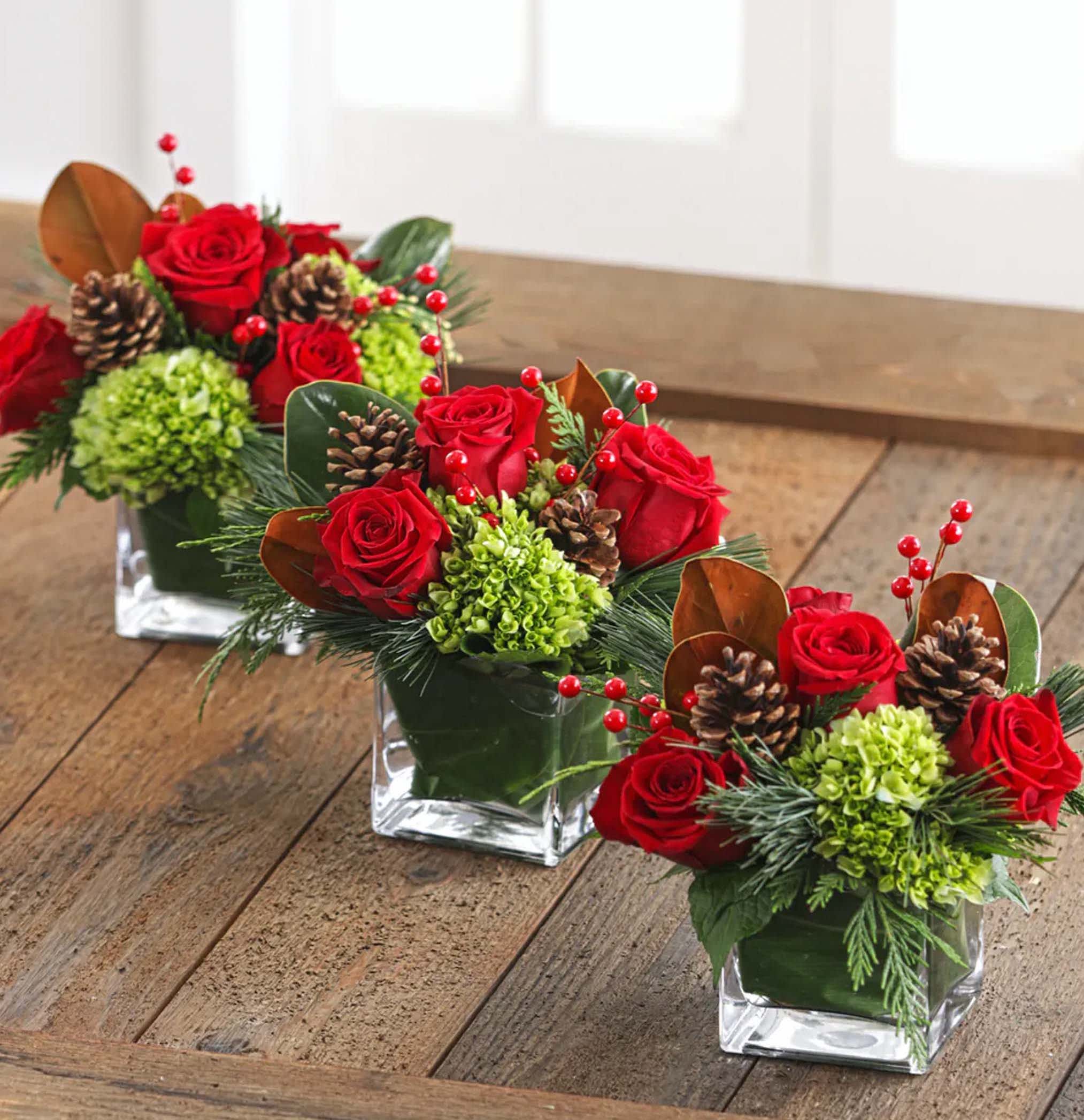 Holiday Centerpiece Set   - Celebrating the holiday with friends and family? Decorate the day with this multiple low holiday arrangements. Choose the number of arrangements you need.   *If you would like to make changes to the color palette, call us and let us know.   