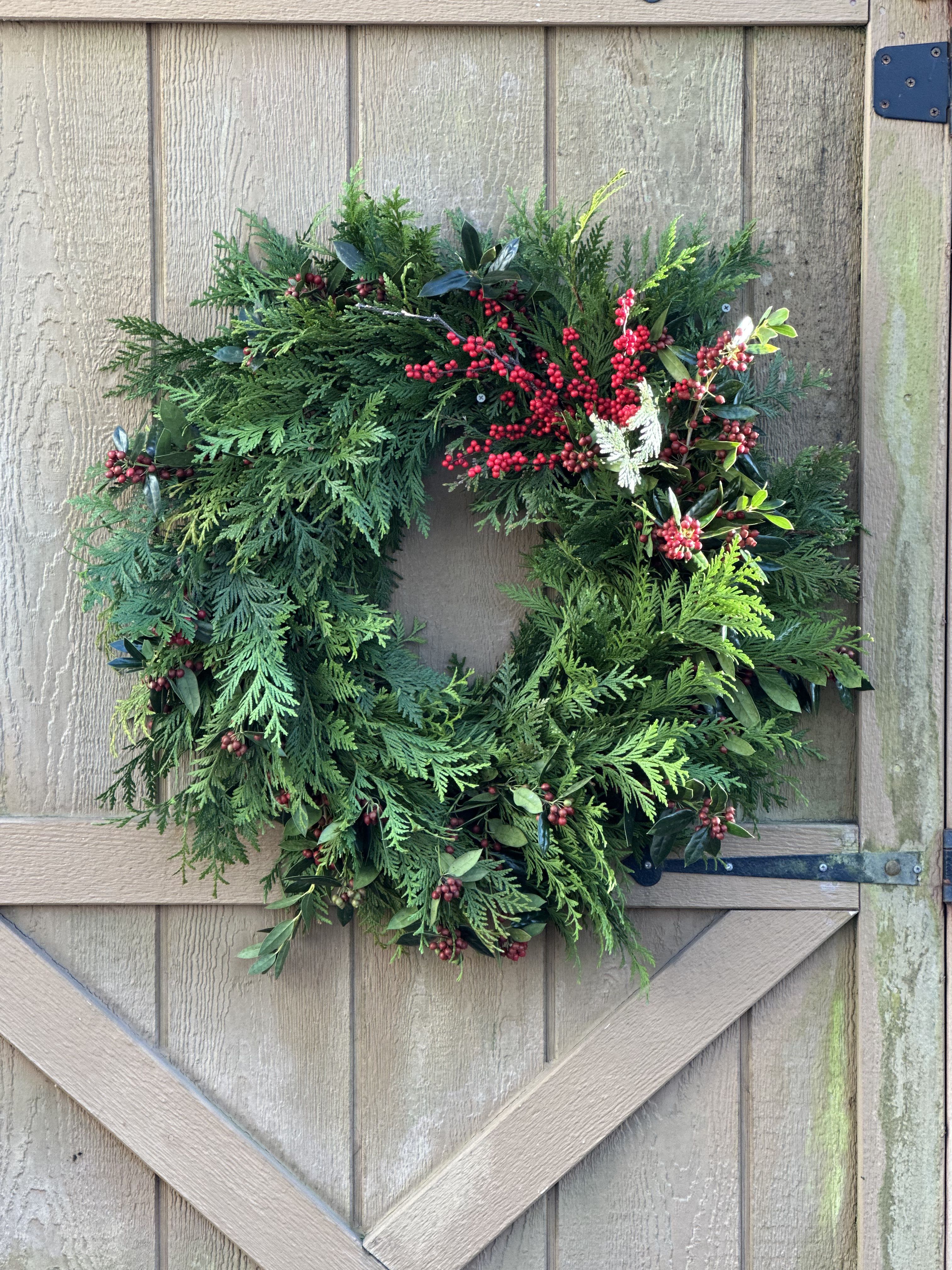 Cedar and Berry Wreath - 30&quot; inch fresh wreath of cypress, holly and ilex berries.  Sure to ring in the holiday spirit!
