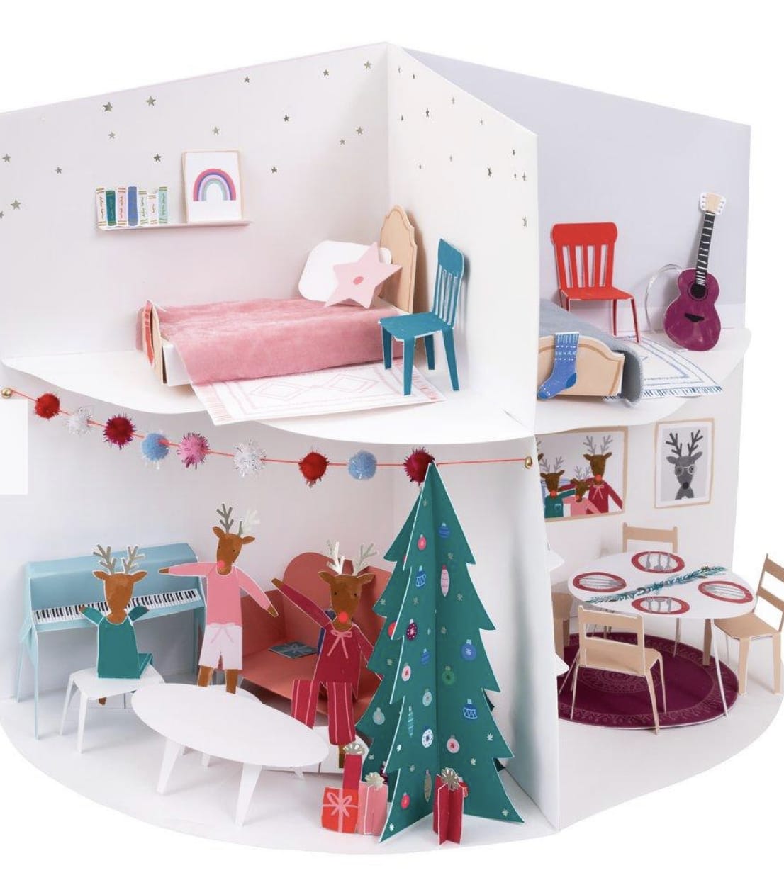 Festive House Paper Craft Advent Calendar - This advent calendar lets you furnish, day by day, a delightful house for a charming reindeer family. Open the box to reveal numbered trays with house furnishings and characters. The house has two bedrooms, a dining room and a lovely sitting room complete with a Christmas tree and gifts. A wonderful gift for hours of imaginative play.  This fabulous house themed box, with a stylish ribbon fastening, opens to show numbered trays inside The trays reveal delightful house furnishings &amp; characters Lots of neon print and foil detail for added effect Simple self assembly required Suitable for ages 3+ Made from eco-friendly paper Pack dimensions: 9 x 15.125 x 1.625 inches 