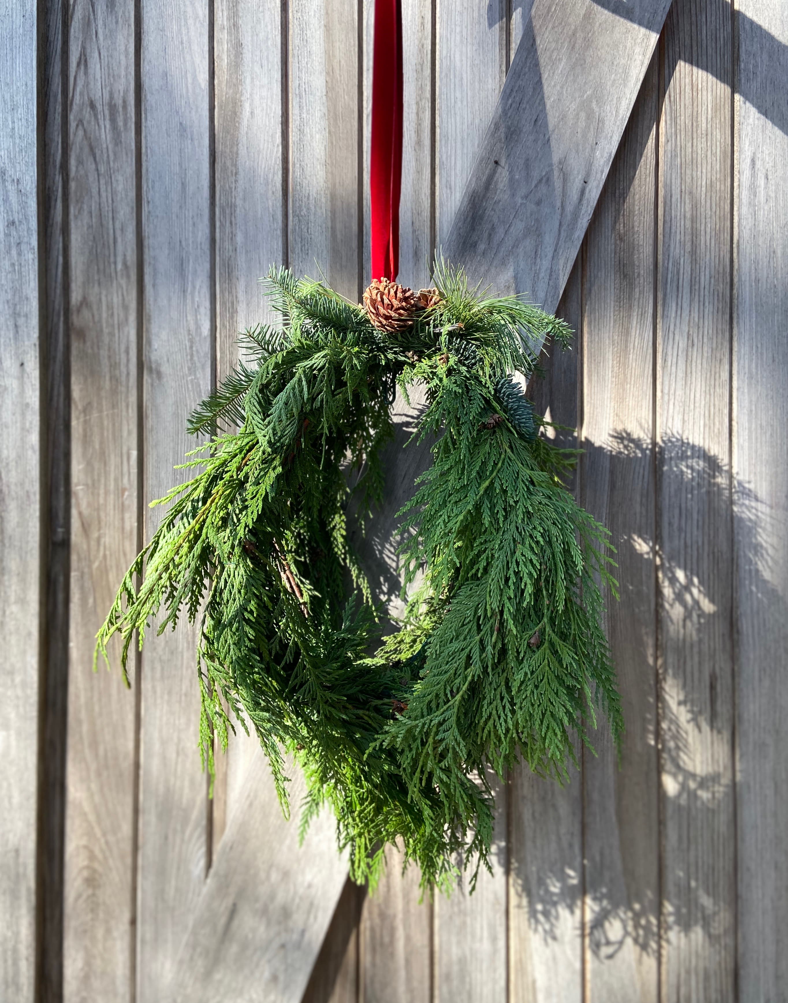 Kissing ball - 12” sphere of greens with lovely ribbon to hang from. 