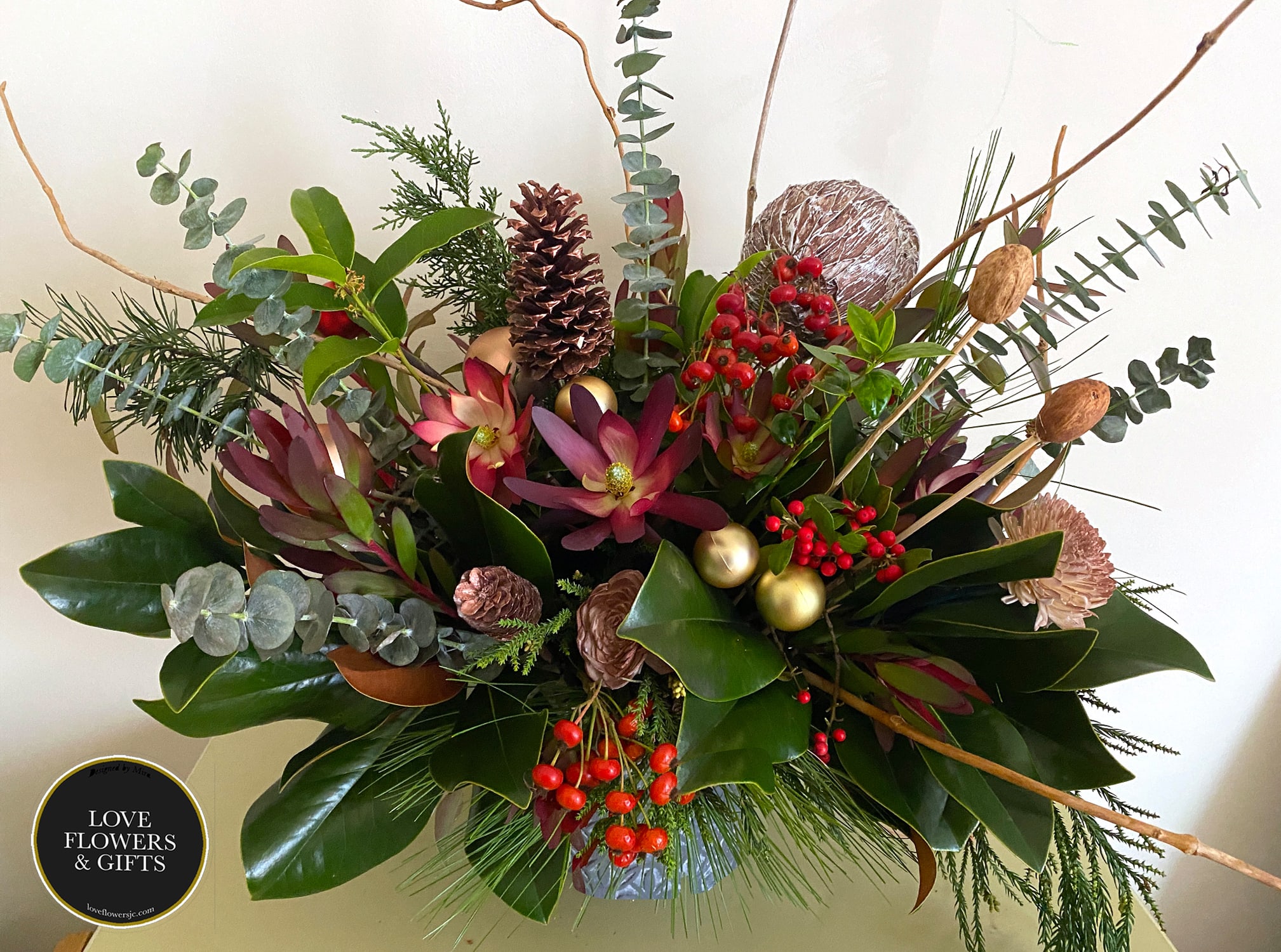 Holly and Fir - Large christmas greens and decorations in a high quality grey textured ceramic vase, perfect for holiday gifts and gatherings. 