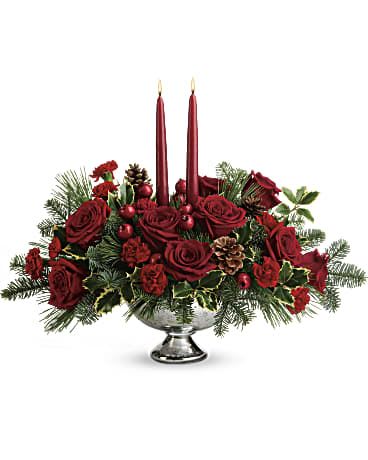  Shining Bright Centerpiece - Holiday glam! This shimmering mercury glass keepsake bowl captivates beneath elegant Christmas roses, fresh winter greens, and glowing taper candles.