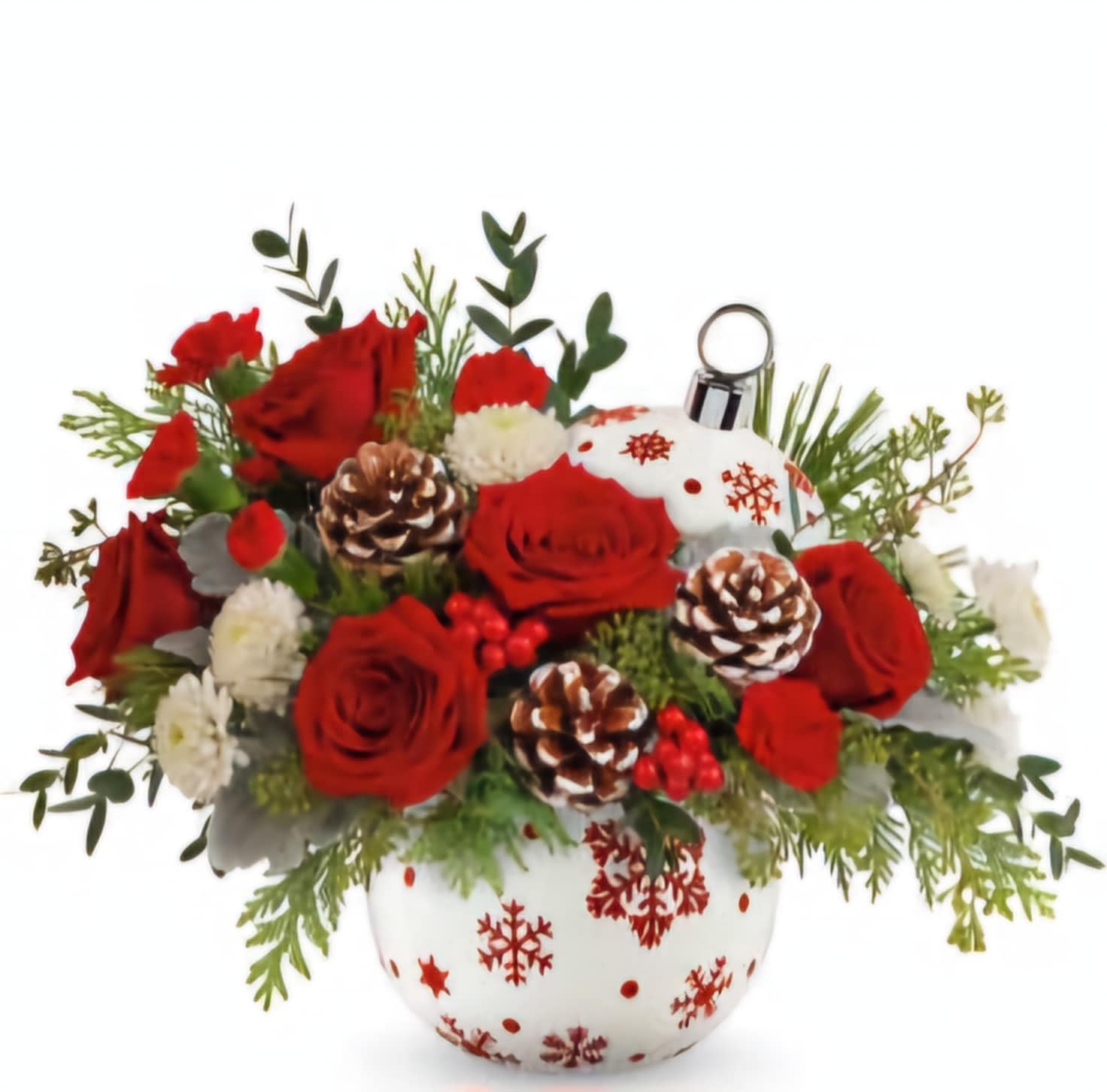  Sprinkle Sparkle Bouquet - Brighten your Christmas with a bouquet of vibrant red roses and winter greens, beautifully arranged in a hand-painted ceramic ornament jar with sparkling stars. Teleflora's Sprinkle Sparkle Bouquet features red roses, miniature red carnations, and white button spray chrysanthemums. Enhanced with cedar, white pine, seeded eucalyptus, dusty miller, and parvifolia eucalyptus, it's presented in Teleflora's Sprinkle Sparkle Ornament, adding seasonal elegance to any celebration.
