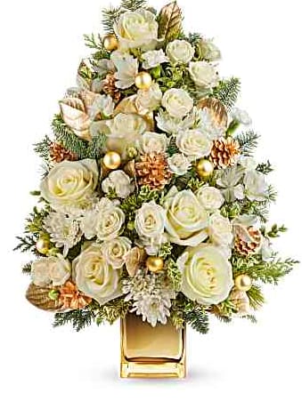 Golden Winter Tree Bouquet - he stunning tree bouquet features white roses, white alstroemeria, white miniature carnations, and white cushion spray chrysanthemums, accented with fresh lemon leaf, oregonia, cedar, noble fir, and white pine. Delivered in Teleflora's Gold Mirrored Cube, it exudes timeless elegance and festive charm.