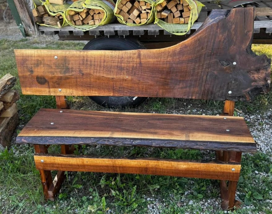 Wooden Bench - Locally handcrafted raw-edged black walnut bench.  One of a kind.