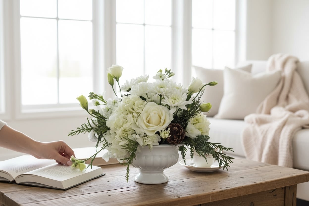 Winter White - A beautiful compote filled with assorted white flowers, pine cones and evergreens. Gorgeous for the holiday season. 