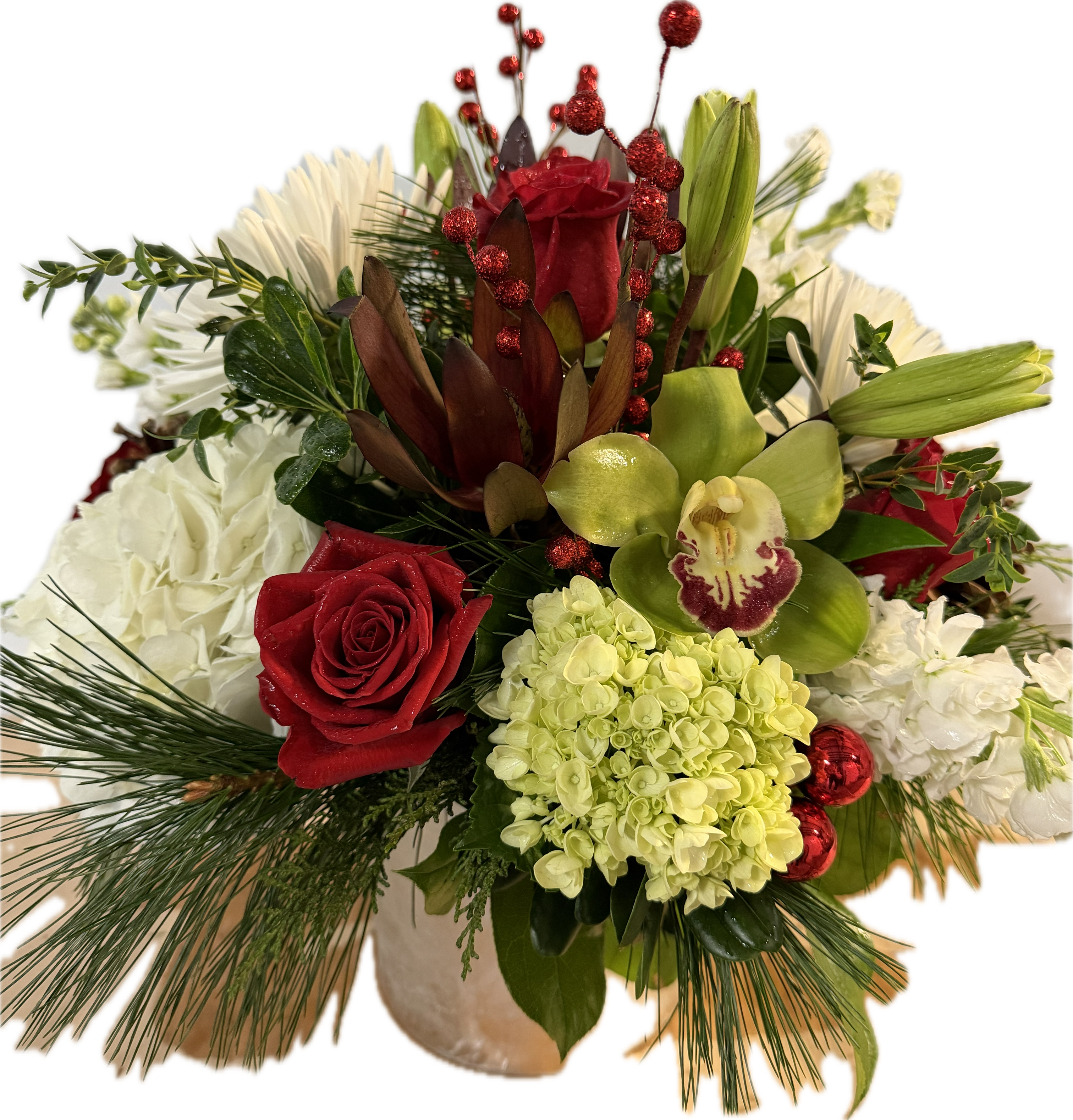 Happy Holidays - Silver vase with traditional Christmas flowers, roses, winter greens, hydrangea, cymbidium orchids, safari sunset, lilies, mums, hypericum berries and some bling