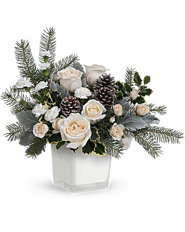 Fa Fa Fabulous Bouquet  - Bring the outdoors in with this forest-inspired bouquet of white roses and winter greens in a soft white glass cube. White roses, white spray roses, miniature white carnations and variegated holly are accented with dusty miller, white pine and noble fir. Delivered in a Color Splash cube.