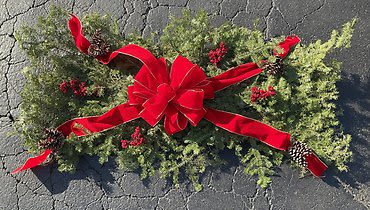 5 ft Pine Grave Blanket - Balsam fir grave blanket with red bow and pine cones