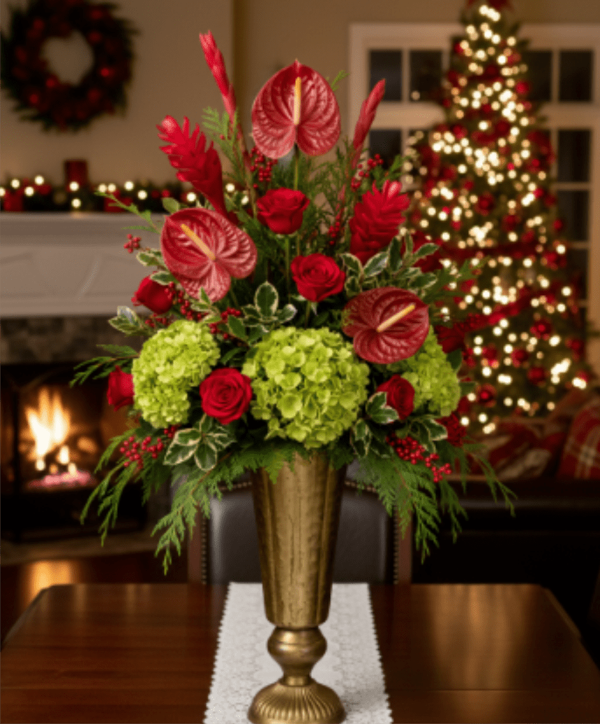 Tropical Noel Elegance - Make a spectacular statement this season with our Tropical Noel Elegance arrangement. This dramatic, elevated design combines the classic colors of Christmas with exotic, textural blooms for an unforgettable display. Perfect for a grand entryway, a high buffet table, or as a sophisticated corporate gift. Search keywords: luxury Christmas floral, tropical holiday arrangement, anthurium and rose centerpiece, tall Christmas flowers, high-end seasonal arrangement.  Design &amp; Contents This arrangement is defined by its impressive height and unique combination of flowers: The Container: The design stands tall in an elegant, fluted metallic gold vase or urn, giving it a regal, majestic presence that commands attention. Exotic Focal Points:  Red Anthurium: Striking, heart-shaped red anthurium blooms provide a sophisticated, tropical flair and unique, glossy texture.  Red Ginger/Heliconia: Spikes of red ginger or similar tropical accents dramatically increase the height and visual excitement of the design.