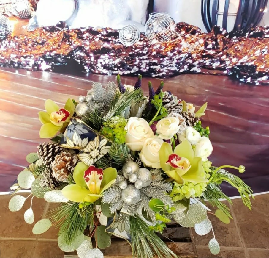 Silver Bell - green, white and silver arrangement with xmas decorations