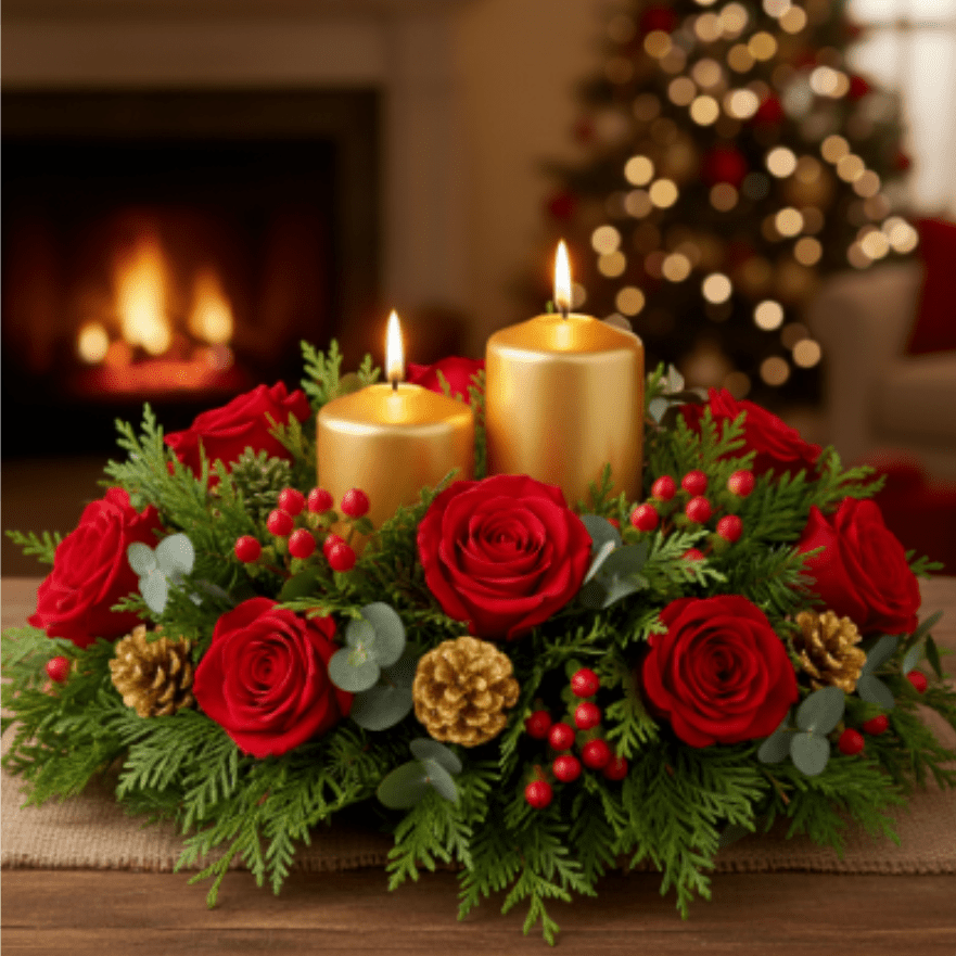 Ruby &amp; Gold Fireside Centerpiece - Design &amp; Contents This wide, circular centerpiece is designed for beauty and conversation:  The Candles: Two brilliant metallic gold pillar candles anchor the design, ready to cast a warm, festive light that catches the shimmer of the gold accents.  Lush Evergreens: A full, fragrant bed of mixed evergreen foliage (like cedar and pine) creates a dense, natural foundation and fills your space with the classic scent of the season.  Velvety Red Roses: Deep, ruby-red roses are nestled throughout the greens, providing a luxurious, romantic contrast and a strong focal point.  Gilded &amp; Natural Accents:  Gold-Tipped Pine Cones: Small pine cones, lightly touched with gold, add rustic texture and metallic sparkle, complementing the candles.