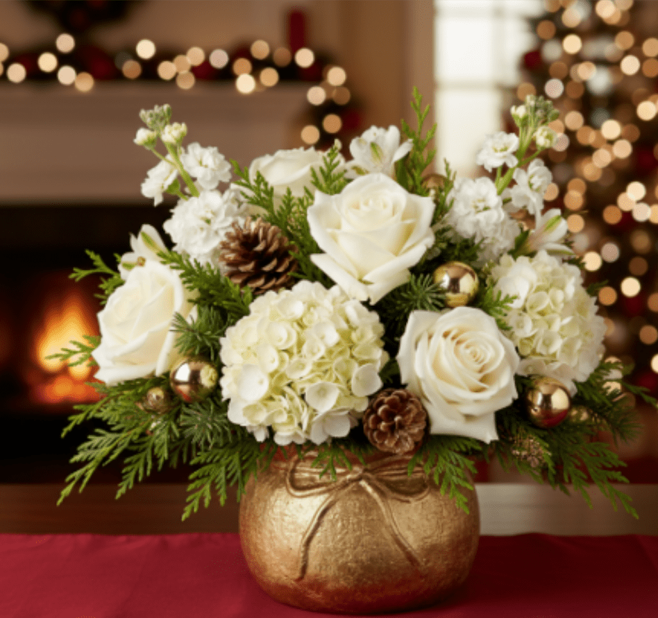 Jolly Santa Bag Bouquet - Our Jolly Santa Bag Bouquet is the perfect Christmas floral arrangement to celebrate the season. Designed with classic holiday colors, this festive bouquet features premium red roses, crisp white cushion mums, elegant white alstroemeria lilies, and seasonal evergreen pine boughs.  flowers may be subbed for best quality  The flowers are hand-arranged in a unique ceramic sleigh container that resembles a cozy, festive Santa's sack. This unforgettable Christmas flower delivery is a wonderful gift for friends, family, or colleagues, and makes a stunning holiday centerpiece for your dining room table.  