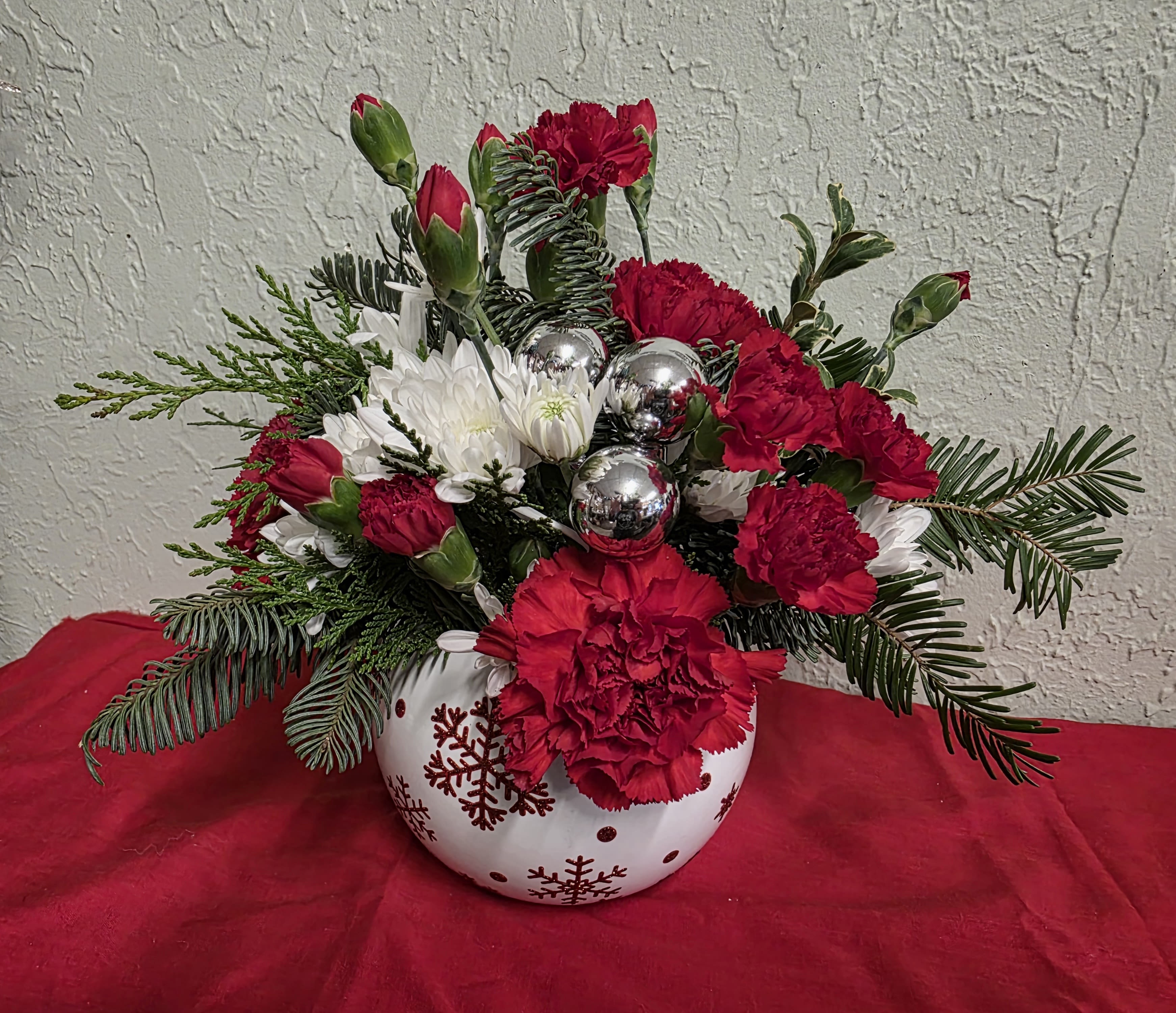 Christmas ornament with snow flakes  - Festive flowers in a keepsake container
