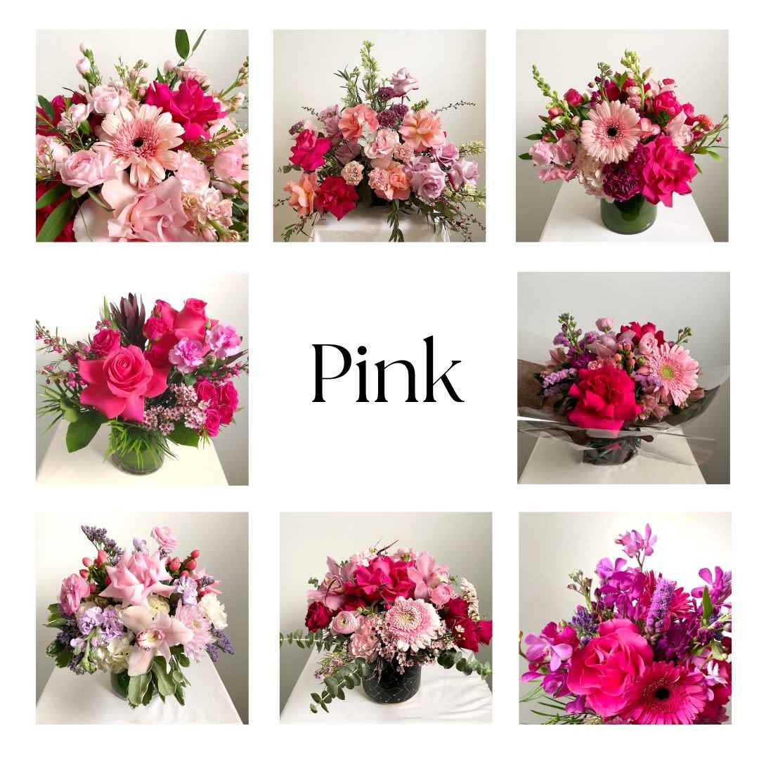 Pink Desinger's Choice Vase Arrangement - Trust us to create a beautiful and thoughtful monochromatic pink vase arrangement for all occasions. We select the best seasonal blooms and will design something in our Flora lush garden style.  Delivery Info- We make all of our deliveries after 1pm every day. If the weather is very cold, we prefer not to leave the flowers outside. Please let the recipient know that they should expect delivery