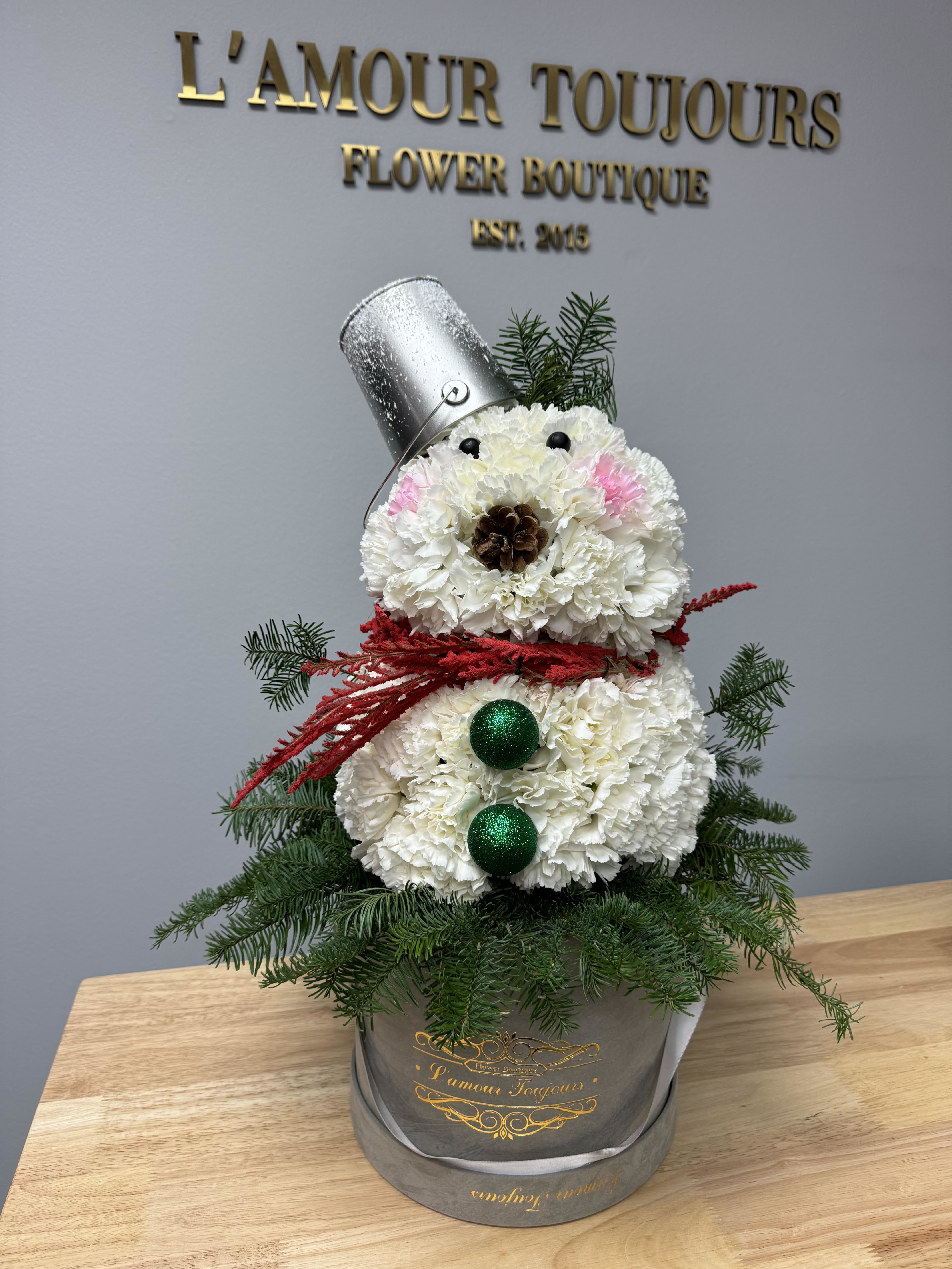 Snowman Signature Box - Exclusive snowman made out of premium white carnations. 