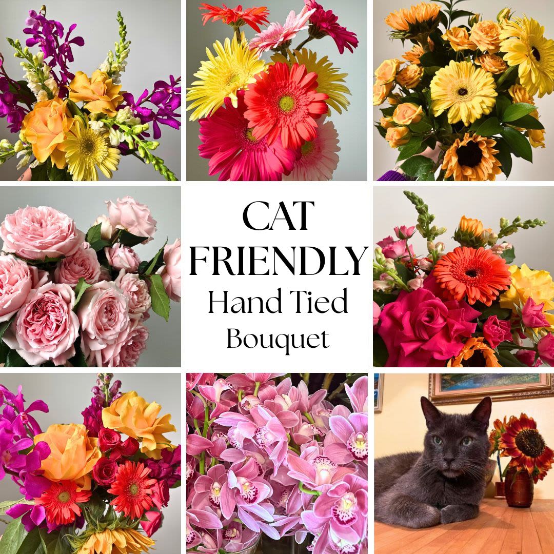 Cat Friendly Hand Tie Bouquet- Designer's Choice  - Cats are the best! Trust us to create a unique cat friendly designer's choice hand tie bouquet. We select the best cat safe flowers that are in season and will design something in our Flora garden style. Cat friendly flowers are limited to gerbera daisies, sunflowers, orchids, snapdragons, roses and spray roses, limonium, stock, freesias, lisianthus, waxflower, and lemon leaf greens.  The bouquet will be beautifully wrapped and tied with a bow. This arrangement does NOT come with a vase. Don't worry, if the recipient is not home when the flowers are delivered, all Hand tied deliveries are sent out with a water pack to ensure safe delivery.  Delivery Info- We make all of our deliveries after 1pm every day. If the weather is very cold, we prefer not to leave the flowers outside. Please let the recipient know that they should expect delivery.