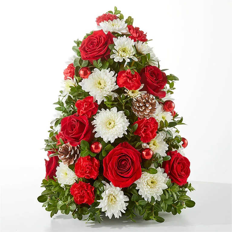 Christmas Boxwood Tree - Beautiful holiday tree made with fresh boxwood greens and dressed with cut flowers and decorations.